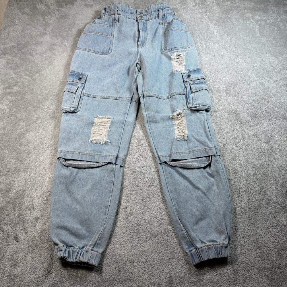 Manière De Voir Cargo Jogger Women 8 Blue High Rise Denim Distressed Utility